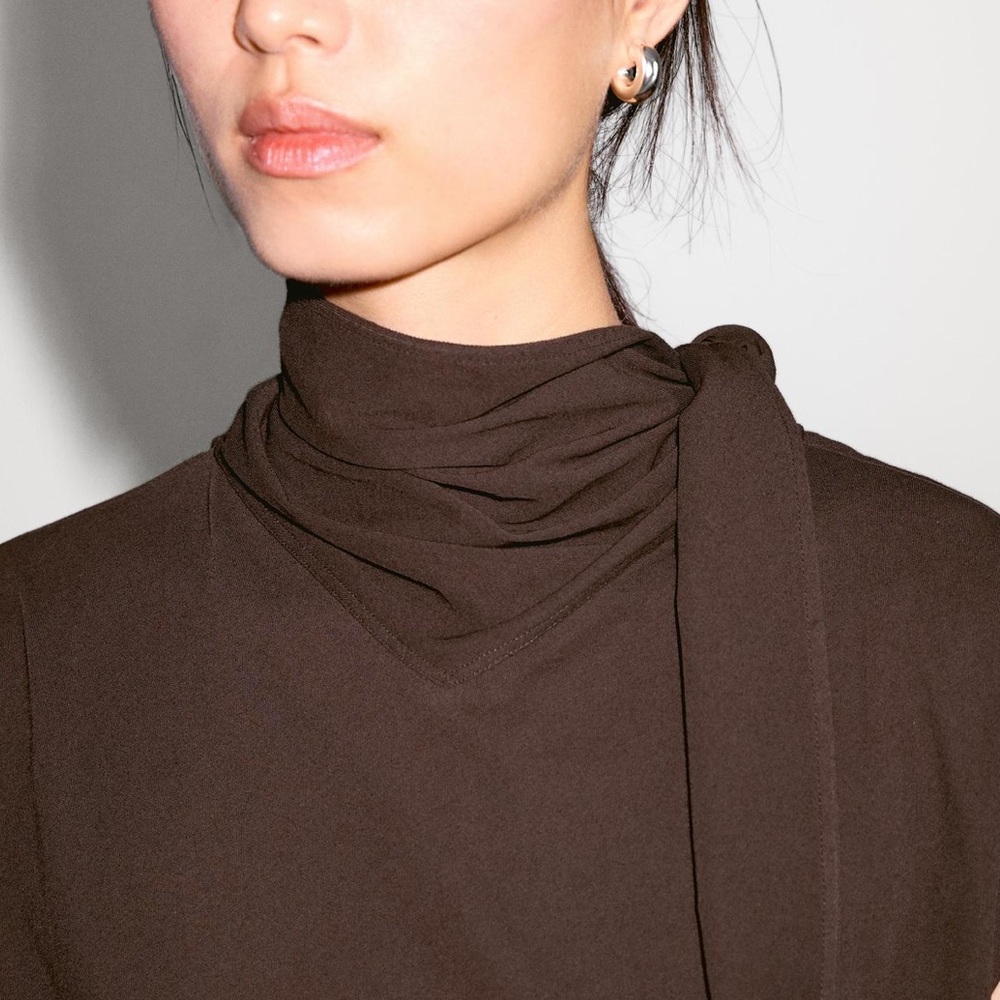 NWT Massimo Dutti Brown TOP WITH TIED NECK DETAIL